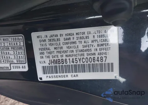 2000 Honda Prelude z USA, uszkodzony, nr VIN JHMBB6145YC006487